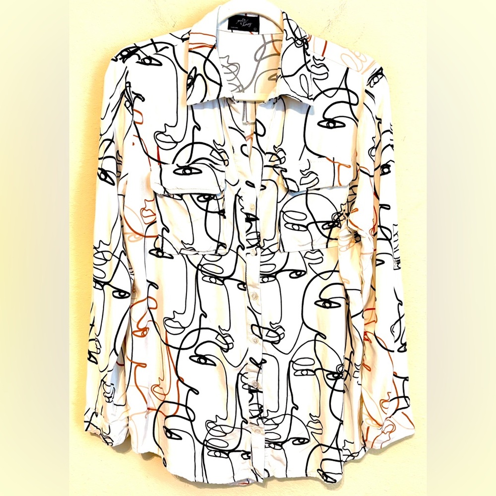 Milk & Honey Abstract Art Faces Top Blouse XL